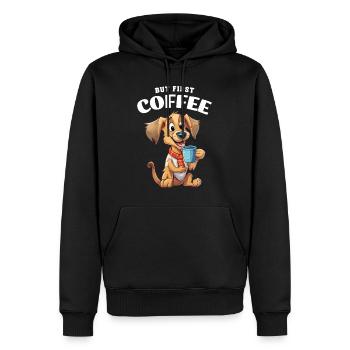 Chien de café Mais premier café Dire humour drôle - Sweat à capuche Premium bio Homme - noir - Devant - Nico (187cm)