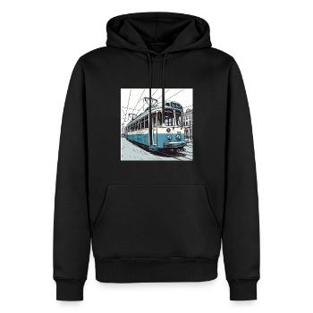 tramway bleu / blanc moderniste d’Amsterdam dessiné à la main - Sweat à capuche Premium bio Homme - noir - Devant - Nico (187cm)