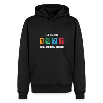 Baujahr 1977 - läuft und läuft und läuft - Männer Premium Bio Hoodie - Schwarz - Vorne - Nico (187cm)