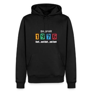 Baujahr 1976 - läuft und läuft und läuft - Männer Premium Bio Hoodie - Schwarz - Vorne - Nico (187cm)