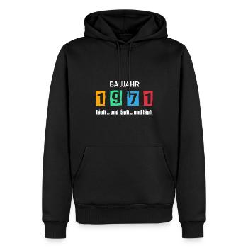 Baujahr 1971 - läuft und läuft und läuft - Männer Premium Bio Hoodie - Schwarz - Vorne - Nico (187cm)