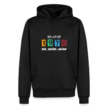 Baujahr 1970 - läuft und läuft und läuft - Männer Premium Bio Hoodie - Schwarz - Vorne - Nico (187cm)