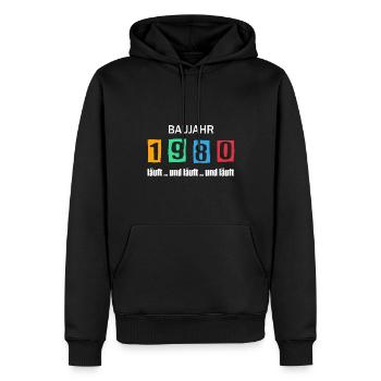 Baujahr 1980 - läuft und läuft und läuft - Männer Premium Bio Hoodie - Schwarz - Vorne - Nico (187cm)