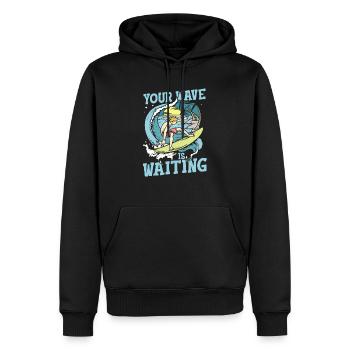 Deine Welle wartet I Surfer & Strand mit Palmen - Männer Premium Bio Hoodie - Schwarz - Vorne - Nico (187cm)