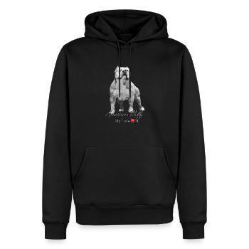 Illustration de bully américain avec inscription - Sweat à capuche Premium bio Homme - noir - Devant - Nico (187cm)