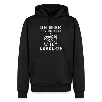 un geek ne vieillit pas il level up - Sweat à capuche Premium bio Homme - noir - Devant - Nico (187cm)