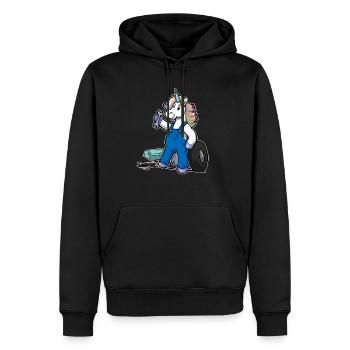 Funny Comic Unicorn Car Mechanic Gift - Men’s Premium Organic Hoodie - black - Front - Nico (187cm)