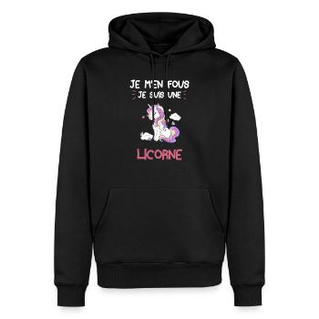 Cadeau Je M'en Fous Je Suis Une Licorne - Sweat à capuche Premium bio Homme - noir - Devant - Nico (187cm)