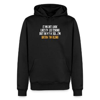 IT MIGHT LOOK LIKE I'M LISTENING BUT IN MY HEAD I' - Männer Premium Bio Hoodie - Schwarz - Vorne - Nico (187cm)