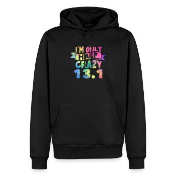 Drôles d’amateurs de course à pied Je ne suis qu’à moitié fou 13.1 Moitié - Sweat à capuche Premium bio Homme - noir - Devant - Nico (187cm)