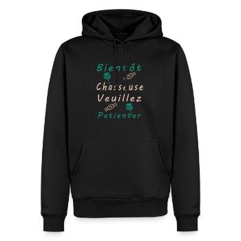 Tshirt femme Bientôt Chasseuse veuillez patienter - Sweat à capuche Premium bio Homme - noir - Devant - Nico (187cm)