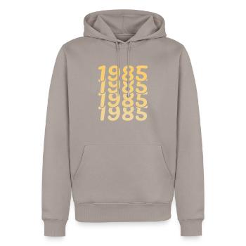 1985 - Men’s Premium Organic Hoodie - taupe - Front - Nico (187cm)