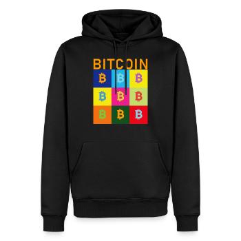 Bitcoin PopArt orange - Männer Premium Bio Hoodie - Schwarz - Vorne - Nico (187cm)