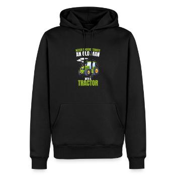 Vieil homme avec un tracteur agricole - Sweat à capuche Premium bio Homme - noir - Devant - Nico (187cm)