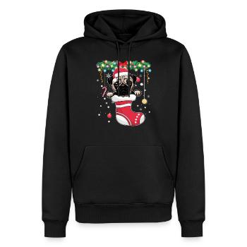 Drôle de Noël - Chien carlin mignon en bas de Noël - Sweat à capuche Premium bio Homme - noir - Devant - Nico (187cm)