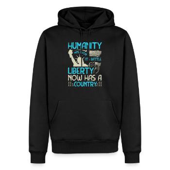 DIE MENSCHHEIT HAT GEWONNEN, ES IST DER KAMPF DIE FREIHEIT HAT JETZT EINE - Männer Premium Bio Hoodie - Schwarz - Vorne - Nico (187cm)