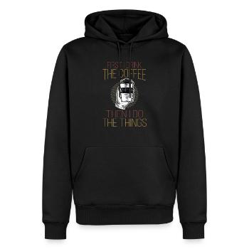 Lustig zuerst trinke ich den Kaffee, dann mache ich das Ding - Männer Premium Bio Hoodie - Schwarz - Vorne - Nico (187cm)