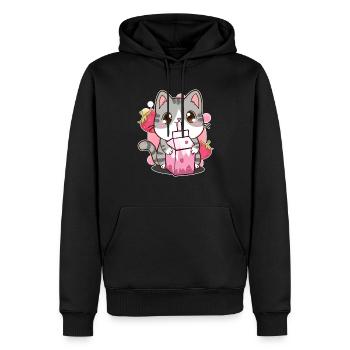 Shake fraise Lait de fraise Chat Kawaii Neko - Sweat à capuche Premium bio Homme - noir - Devant - Nico (187cm)