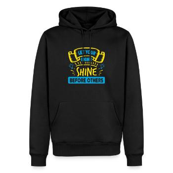 LASS DEIN LICHT VOR ANDEREN LEUCHTEN - Männer Premium Bio Hoodie - Schwarz - Vorne - Nico (187cm)