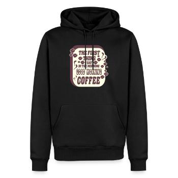 Boire du café - Boisson du matin - Sweat à capuche Premium bio Homme - noir - Devant - Nico (187cm)