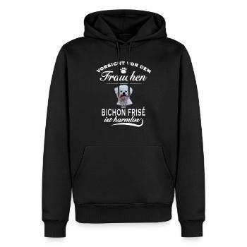 Vorsicht vor dem Frauchen, harmlos - Bichon Frisé - Männer Premium Bio Hoodie - Schwarz - Vorne - Nico (187cm)