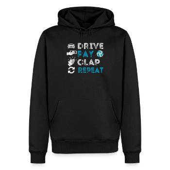 Conduire, payer, applaudir, répéter, manger, dormir - Sweat à capuche Premium bio Homme - noir - Devant - Nico (187cm)
