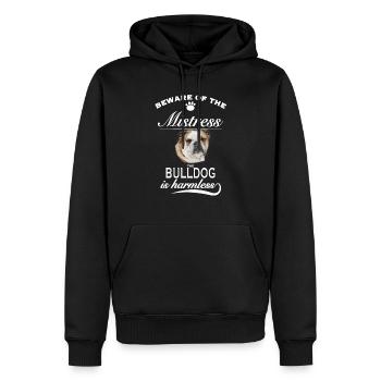 Beware of the mistress, harmless Bulldog - Männer Premium Bio Hoodie - Schwarz - Vorne - Nico (187cm)