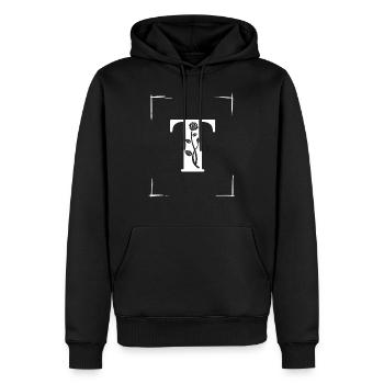 letter T initial - Men’s Premium Organic Hoodie - black - Front - Nico (187cm)