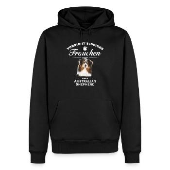 Vorsicht - Bissiges Frauchen - Australian Shepherd - Männer Premium Bio Hoodie - Schwarz - Vorne - Nico (187cm)