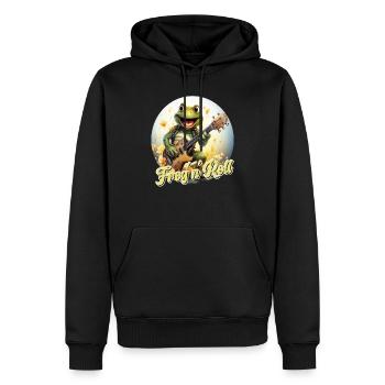 Lustiger Frosch mit E-Gitarre und Spruch - Männer Premium Bio Hoodie - Schwarz - Vorne - Nico (187cm)
