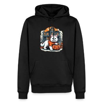 Chat blanc d’Halloween en sweat à capuche avec maison hantée - Sweat à capuche Premium bio Homme - noir - Devant - Nico (187cm)