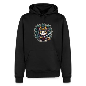 Samurai-Ninja-Katze und Monster dahinter - Männer Premium Bio Hoodie - Schwarz - Vorne - Nico (187cm)