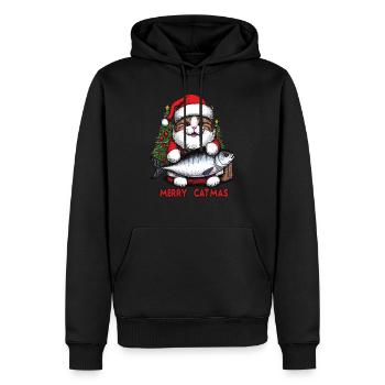 Dicke Katze als Weihnachtsmann mit Thunfisch, Merry Catmas - Männer Premium Bio Hoodie - Schwarz - Vorne - Nico (187cm)