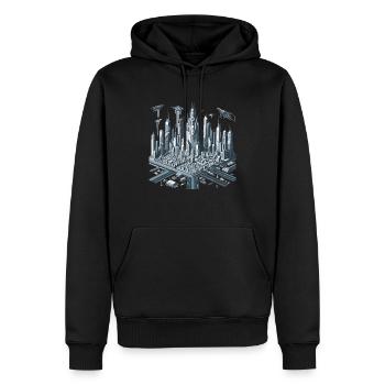 Futuristische Stadtlandschaft in Digitaler Kunst - Männer Premium Bio Hoodie - Schwarz - Vorne - Nico (187cm)