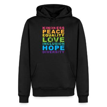 Bienveillance Paix Égalité Arc-en-ciel Gay Pride LGBT - Sweat à capuche Premium bio Homme - noir - Devant - Nico (187cm)