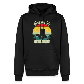 Niveau 38 Débloqué - Sweat à capuche Premium bio Homme - noir - Devant - Nico (187cm)