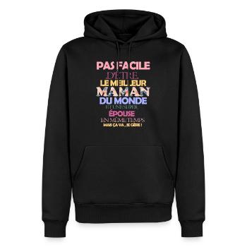 Pas facile maman épouse - Sweat à capuche Premium bio Homme - noir - Devant - Nico (187cm)