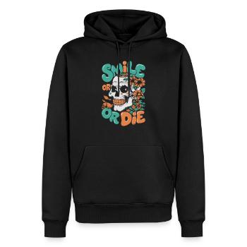 LÄCHELN ODER STERBEN - Männer Premium Bio Hoodie - Schwarz - Vorne - Nico (187cm)