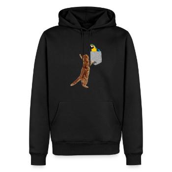 Chat atteignant l’or bleu ara dans la fausse poche Cool - Sweat à capuche Premium bio Homme - noir - Devant - Nico (187cm)