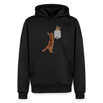 Chat atteignant le hibou dans une fausse poche imprimée drôle - Sweat à capuche Premium bio Homme - noir - Devant - Nico (187cm)