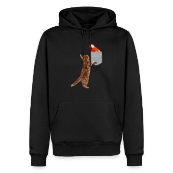 Katze, die nach rotem Ara in gefälschter Print-On-Tasche greift - Männer Premium Bio Hoodie - Schwarz - Vorne - Nico (187cm)