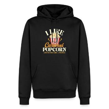 J’aime le maïs soufflé au caramel - Collation aux grains de maïs soufflé - Sweat à capuche Premium bio Homme - noir - Devant - Nico (187cm)