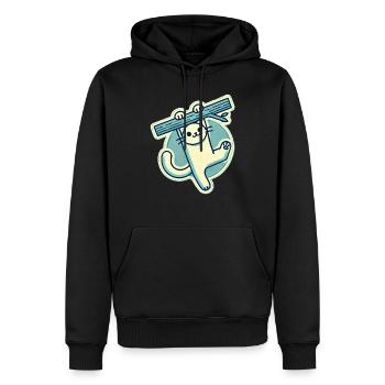 Chat blanc heureux suspendu à une branche - Sweat à capuche Premium bio Homme - noir - Devant - Nico (187cm)