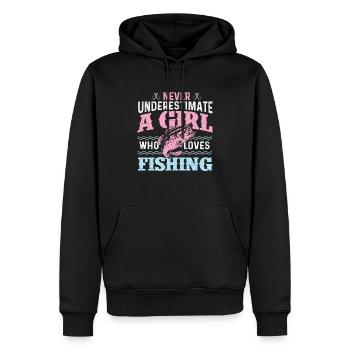 Ne sous-estimez jamais une fille qui aime la pêche - Sweat à capuche Premium bio Homme - noir - Devant - Nico (187cm)