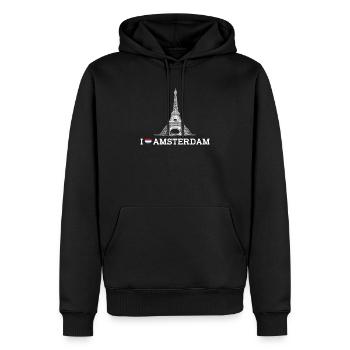 J’aime la Tour Eiffel Amsterdam Lover Coeur Drapeau Jeu de mots - Sweat à capuche Premium bio Homme - noir - Devant - Nico (187cm)