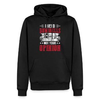 Ich brauche Hanteln nicht deine Meinung - Männer Premium Bio Hoodie - Schwarz - Vorne - Nico (187cm)
