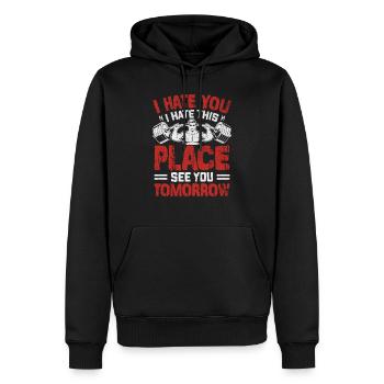 Hassliebe zum Fitnessstudio - Männer Premium Bio Hoodie - Schwarz - Vorne - Nico (187cm)