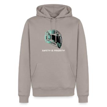 SAFETY IS PRIORITY - Men’s Premium Organic Hoodie - taupe - Front - Nico (187cm)