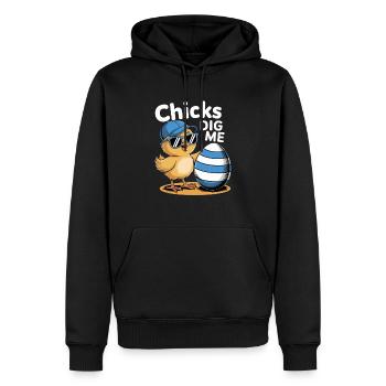 Funny Chick With Hat And Egg - Chicks Dig Me - Men’s Premium Organic Hoodie - black - Front - Nico (187cm)