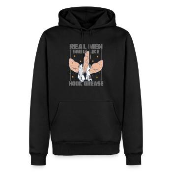 Hafenarbeiter Real Men Smell Like Hook Greash - Männer Premium Bio Hoodie - Schwarz - Vorne - Nico (187cm)